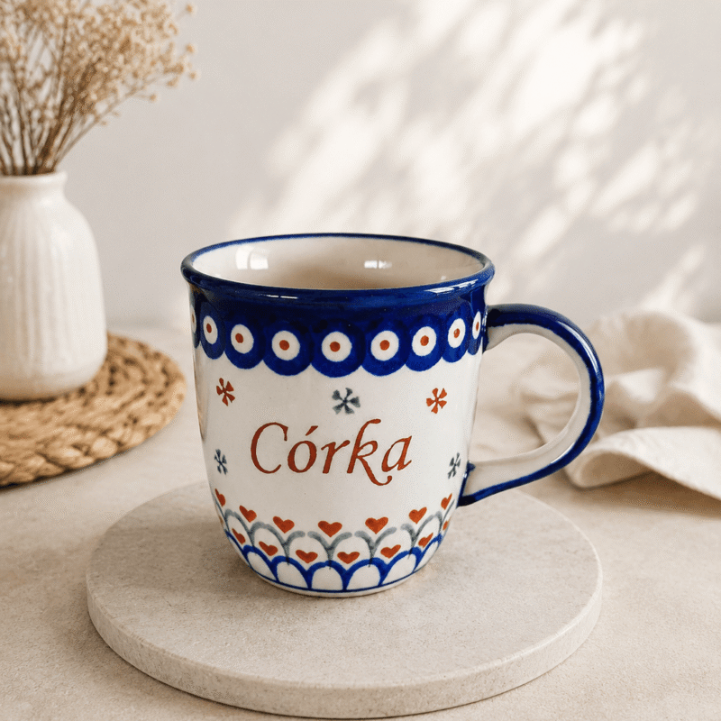 Kubek "Kwiat Lotosu" z napisem "Córka" - Zakłady Ceramiczne "BOLESŁAWIEC", gat. II